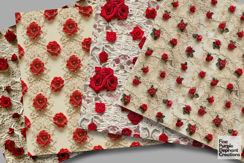 Romantic Red Rose Lace Digital Paper | Delicate Wedding Sublimation Digital Pattern Fine Purple Elephant Creations 