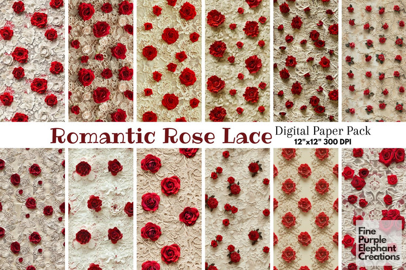 Romantic Red Rose Lace Digital Paper | Delicate Wedding Sublimation Digital Pattern Fine Purple Elephant Creations 