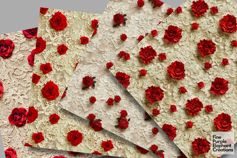 Romantic Red Rose Lace Digital Paper | Delicate Wedding Sublimation Digital Pattern Fine Purple Elephant Creations 