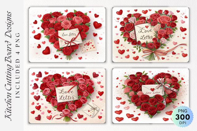 Romantic Red Roses with Hearts and Love Letter Cutting Board Sublimation Regulrcrative 