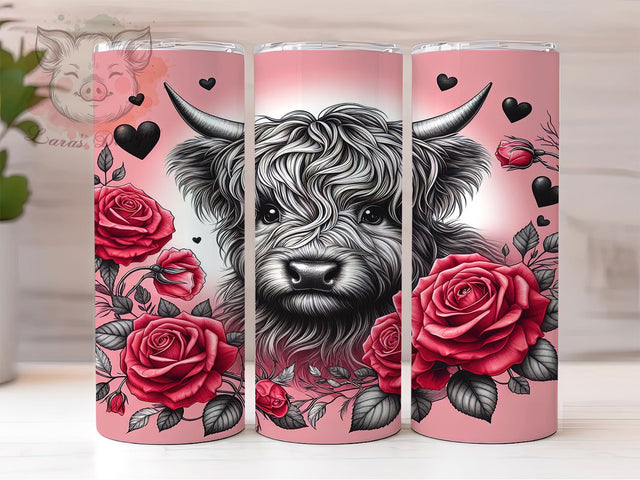 Romantic Rose Highland Cow Tumbler, Romantic Cow Rose Wrap, Farm Animal Love Cup, 20oz Sublimation Wrap, Cute Highland Cow Design Tumbler, Rustic Valentine Floral Cup, Country Romance Sublimation Lara' s Designs 
