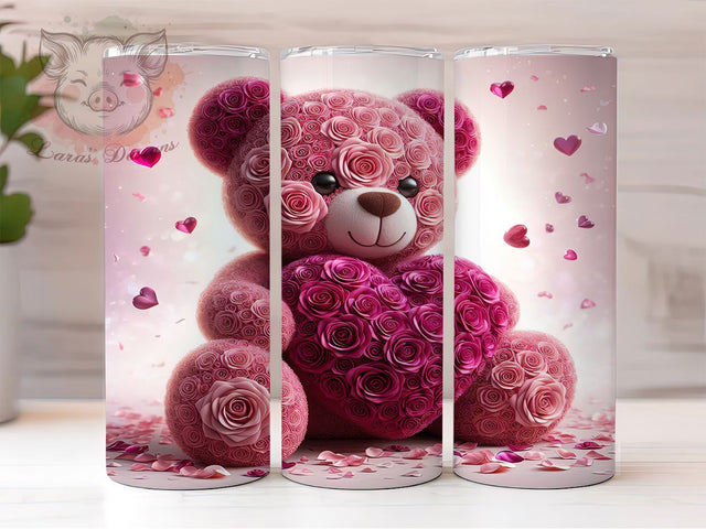 Romantic Rose Valentine Teddy Tumbler, Valentine Rose Pattern, Cute Bear Love Design, 20Oz Sublimation Wrap, Romantic Rose Art, Sweet Bear Texture, Tumbler Sublimation Sublimation Lara' s Designs 