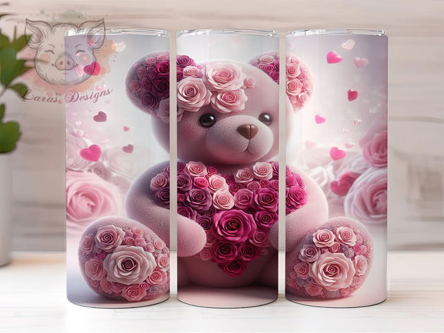 Romantic Rose Valentine Teddy Tumbler, Valentine Rose Pattern, Cute Bear Love Design, 20Oz Sublimation Wrap, Romantic Rose Art, Sweet Bear Texture, Tumbler Sublimation Sublimation Lara' s Designs 