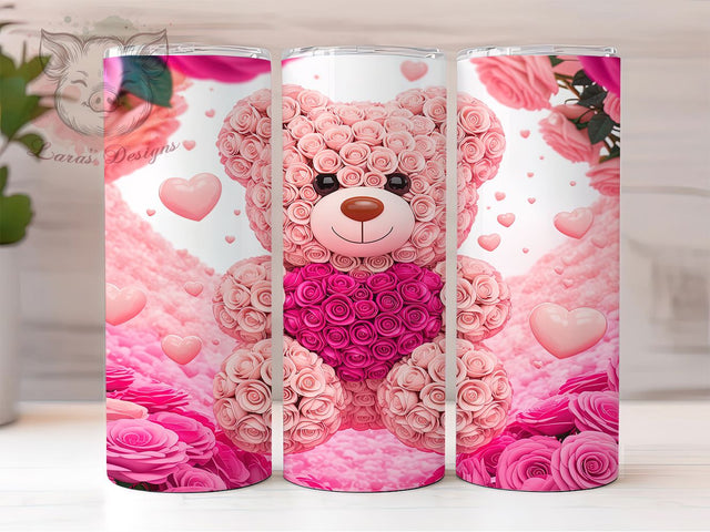 Romantic Rose Valentine Teddy Tumbler, Valentine Rose Pattern, Cute Bear Love Design, 20Oz Sublimation Wrap, Romantic Rose Art, Sweet Bear Texture, Tumbler Sublimation Sublimation Lara' s Designs 