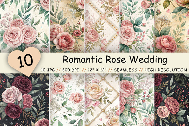 Romantic Rose Wedding Digital Paper, Seamless Watercolor Floral Bundle Pack, Printable Scrapbook Paper, Blush Bridal Design Collection Digital Pattern FloridPrintables 