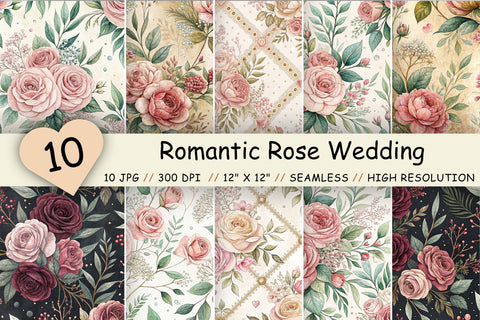 Romantic Rose Wedding Digital Paper, Seamless Watercolor Floral Bundle Pack, Printable Scrapbook Paper, Blush Bridal Design Collection Digital Pattern FloridPrintables 
