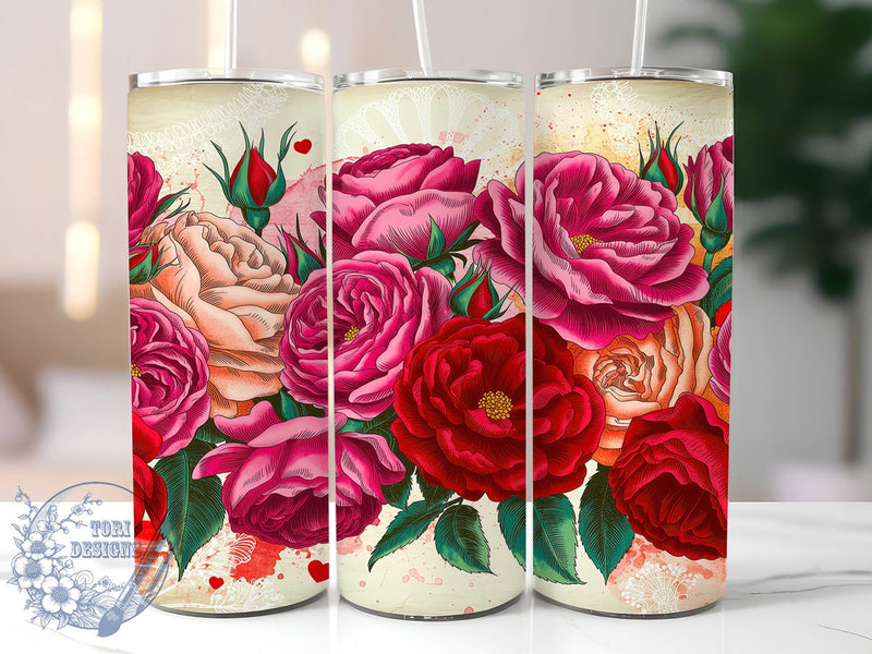 Romantic Roses Valentine Tumbler, Floral Hearts Wrap, Romantic Rose Cup, Valentine Sublimation Design, Elegant Flower Tumbler, Love Roses Wrap, Sweet Floral Cup Sublimation ToriDesigns 