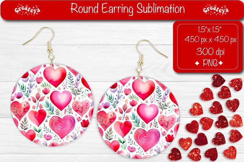 Romantic Round Earrings – Floral Heart Sublimation Prints Sublimation Createya Design 