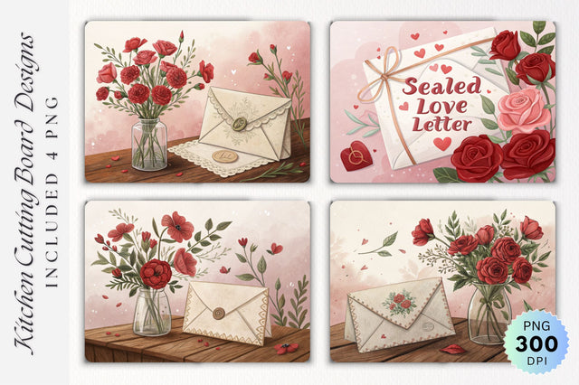 Romantic Setting with Vintage Envelope and Red Floral Arrangement Cutting Board Sublimation Regulrcrative 