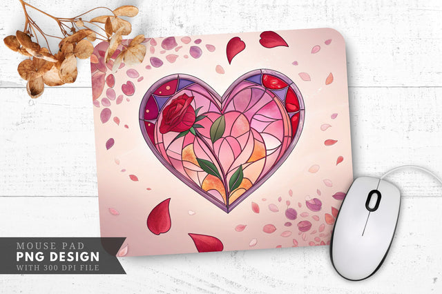 Romantic Stained Glass Heart with Falling Rose Petals Mouse Pad PNG Design Sublimation Regulrcrative 