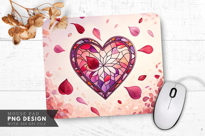 Romantic Stained Glass Heart with Falling Rose Petals Mouse Pad PNG Design Sublimation Regulrcrative 