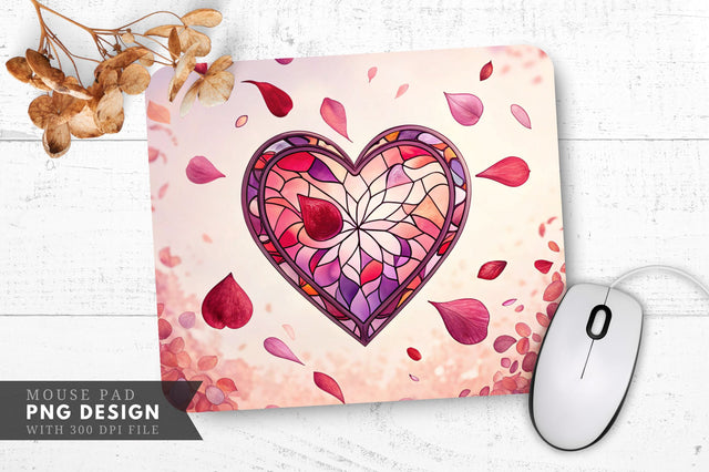 Romantic Stained Glass Heart with Falling Rose Petals Mouse Pad PNG Design Sublimation Regulrcrative 