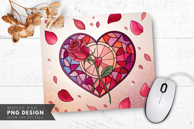 Romantic Stained Glass Heart with Falling Rose Petals Mouse Pad PNG Design Sublimation Regulrcrative 