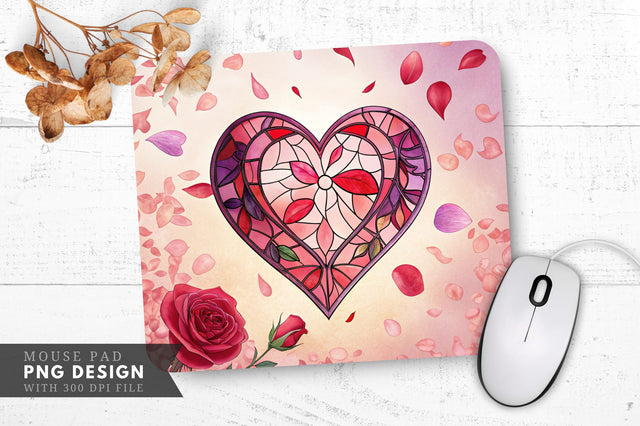 Romantic Stained Glass Heart with Falling Rose Petals Mouse Pad PNG Design Sublimation Regulrcrative 