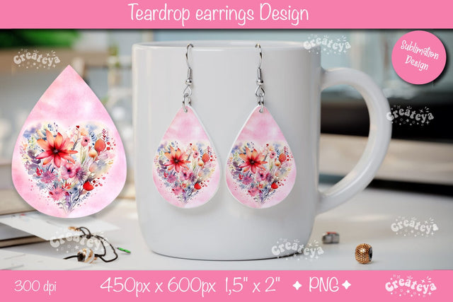 Romantic Valentine Earrings – Floral Teardrop Heart PNG Sublimation Createya Design 