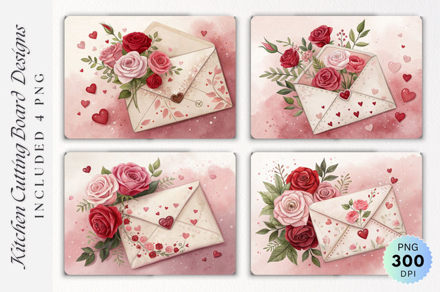 Romantic Valentine's Day Envelope with Hearts and Roses on Cutting Board Sublimation Regulrcrative 