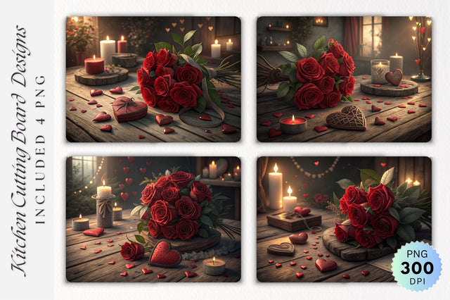 Romantic Valentine's Day Scene with Red Roses and Love Hearts Rustic Wooden Cutting Board Sublimation Regulrcrative 