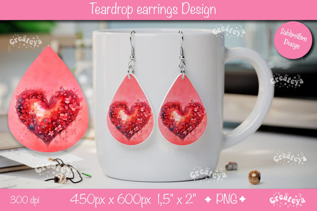 Romantic Valentine’s Earrings – Teardrop Flower Heart Sublimation Sublimation Createya Design 