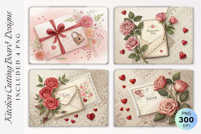 Romantic Vintage Flat Lay with Roses, Hearts and Note on Cutting Board Sublimation Regulrcrative 