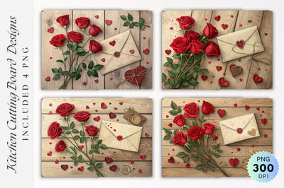 Romantic Wooden Background with Red Roses Envelope on a Cutting Board Sublimation Regulrcrative 