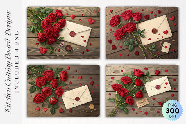 Romantic Wooden Flat-Lay with Roses, Envelope and Heart Accents on Cutting Board Sublimation Regulrcrative 