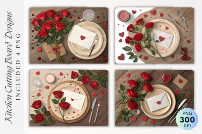 Romantic Wooden Table Setting with Hearts and Sealed Envelope on Cutting Board Sublimation Regulrcrative 
