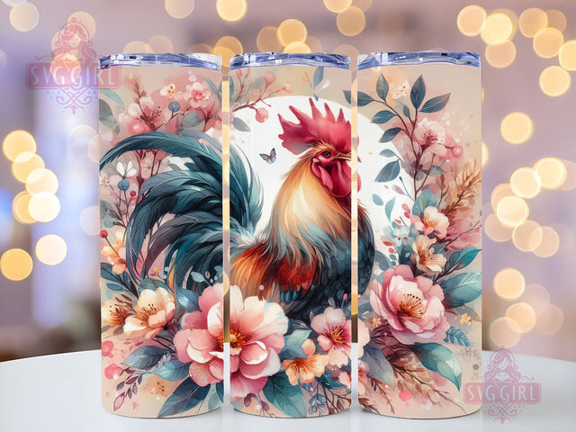 Rooster Chicken Flowers 20 oz Skinny Tumbler Sublimation Design, Instant Digital Download PNG, Straight Tumbler Wrap Sublimation SvggirlplusArt 