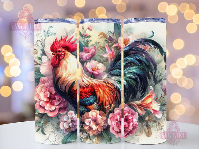 Rooster Chicken Flowers 20 oz Skinny Tumbler Sublimation Design, Instant Digital Download PNG, Straight Tumbler Wrap Sublimation SvggirlplusArt 