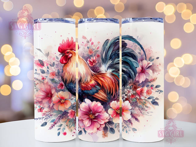 Rooster Chicken Flowers 20 oz Skinny Tumbler Sublimation Design, Instant Digital Download PNG, Straight Tumbler Wrap Sublimation SvggirlplusArt 