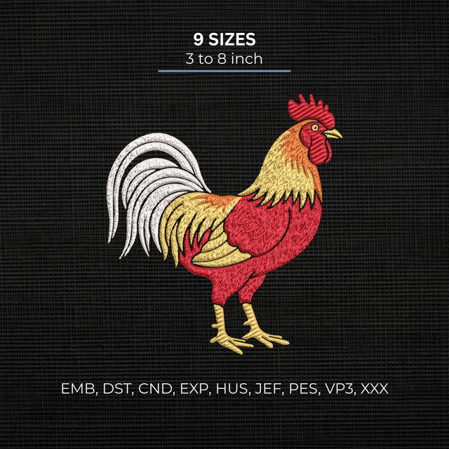 Rooster Embroidery Design – Farm Chicken Barnyard Animal Machine Embroidery File, 9 Sizes Embroidery/Applique DESIGNS PatternFeed8 