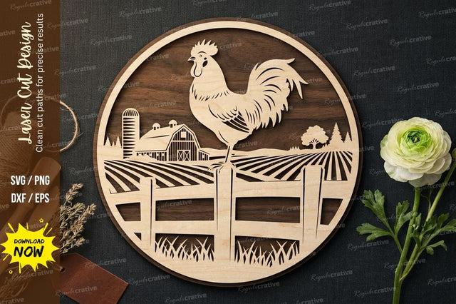 Rooster Farm Fence Scene – Round Laser Cut Wooden Wall Art SVG Regulrcrative 