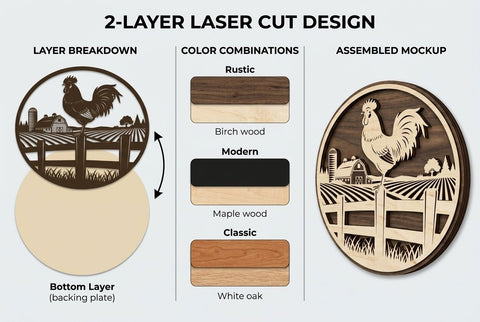 Rooster Farm Fence Scene – Round Laser Cut Wooden Wall Art SVG Regulrcrative 