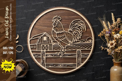 Rooster Farm Scene Round Mandala – Laser Cut Wooden Wall Art Design SVG Regulrcrative 