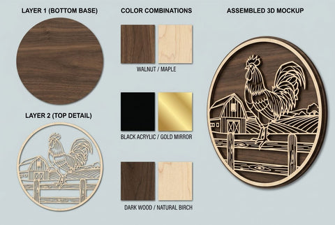 Rooster Farm Scene Round Mandala – Laser Cut Wooden Wall Art Design SVG Regulrcrative 