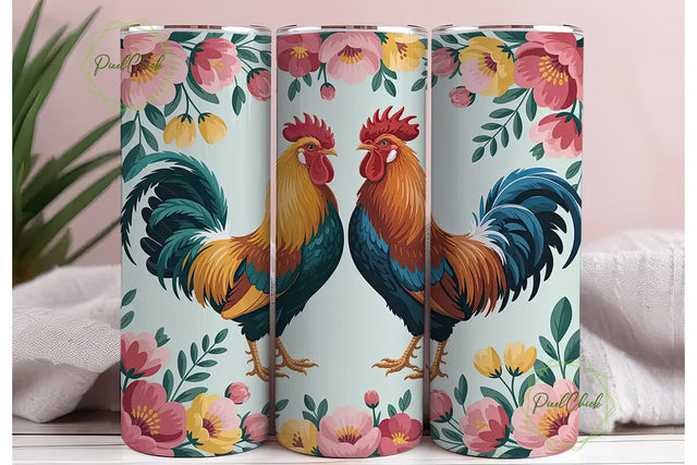 Rooster Floral 20oz Tumbler Wrap Sublimation PixelChick 