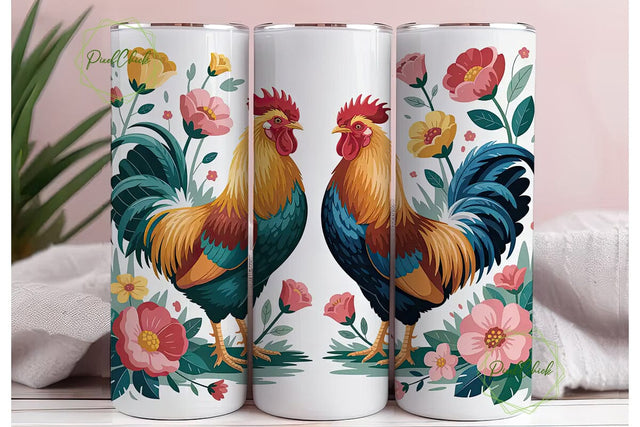 Rooster Floral 20oz Tumbler Wrap Sublimation PixelChick 