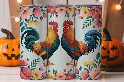 Rooster Floral 20oz Tumbler Wrap Sublimation PixelChick 