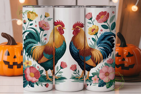 Rooster Floral 20oz Tumbler Wrap Sublimation PixelChick 