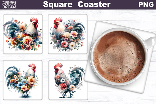 Rooster Flowers Square Coaster | Double Exposure Rooster Floral Sublimation WatercolorColorDream 
