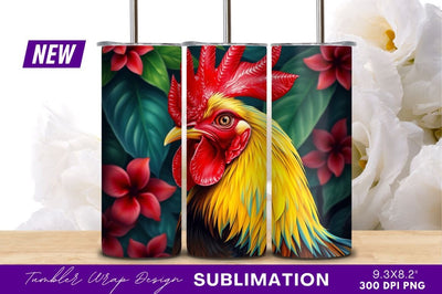 Rooster illustration with tropical flowers tumbler png Sublimation Regulrcrative 