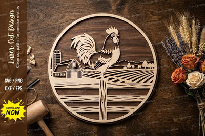 Rooster on Fence Farm Scene – Round Laser Cut Wooden Wall Art SVG Regulrcrative 