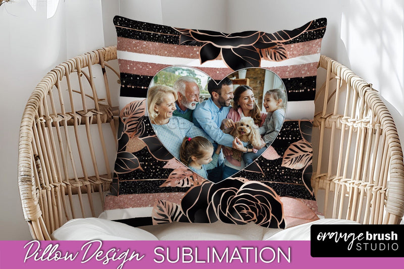 Rose Flowers Photo Frame Pillow Sublimation - Add Your Photo Sublimation OrangeBrushStudio 