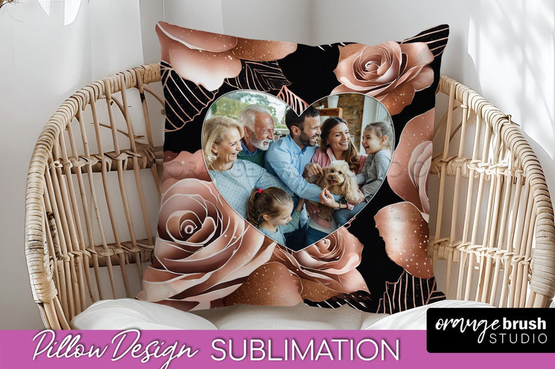 Rose Flowers Photo Frame Pillow Sublimation - Add Your Photo Sublimation OrangeBrushStudio 