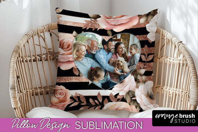 Rose Flowers Photo Frame Pillow Sublimation - Add Your Photo Sublimation OrangeBrushStudio 