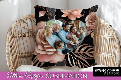 Rose Flowers Photo Frame Pillow Sublimation - Add Your Photo Sublimation OrangeBrushStudio 