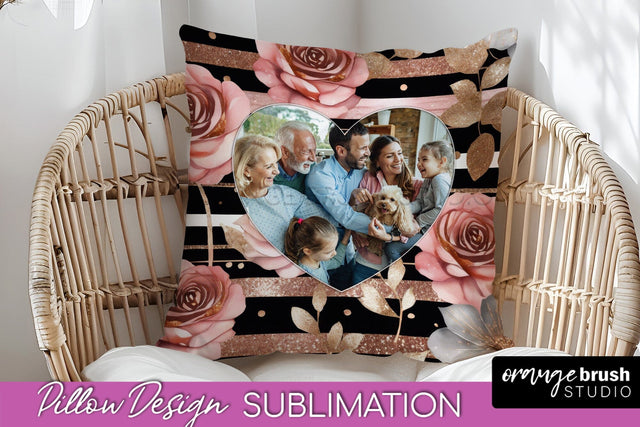 Rose Flowers Photo Frame Pillow Sublimation - Add Your Photo Sublimation OrangeBrushStudio 