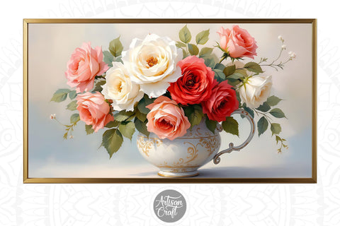 Rose frame TV art, rose painting with gold frame Digital Pattern Artisan Craft SVG 