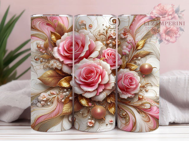 Rose Gold Floral Luxury 20oz Tumbler, Blush Roses, Golden Petals, Metallic Leaves, Luxurious Floral, Skinny Tumbler, Sublimation PNG Sublimation Li Zamperini 
