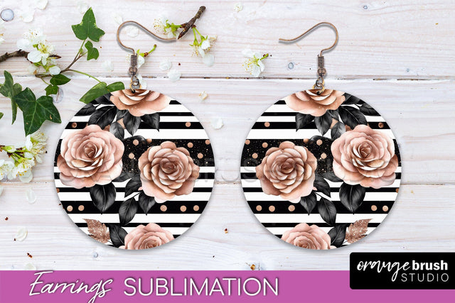 Rose Gold Flower Earrings, Floral Round Earring Sublimation Sublimation OrangeBrushStudio 