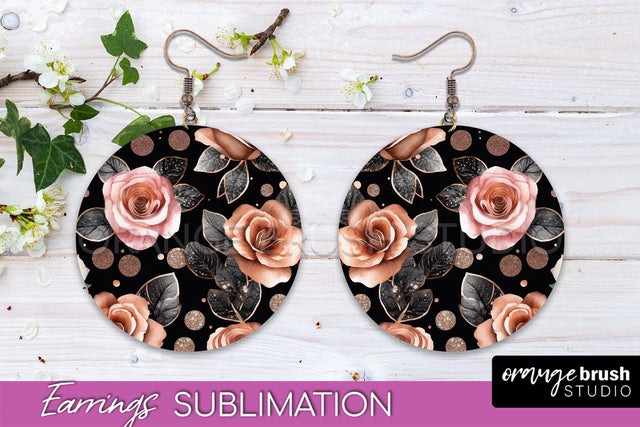 Rose Gold Flower Earrings, Floral Round Earring Sublimation Sublimation OrangeBrushStudio 
